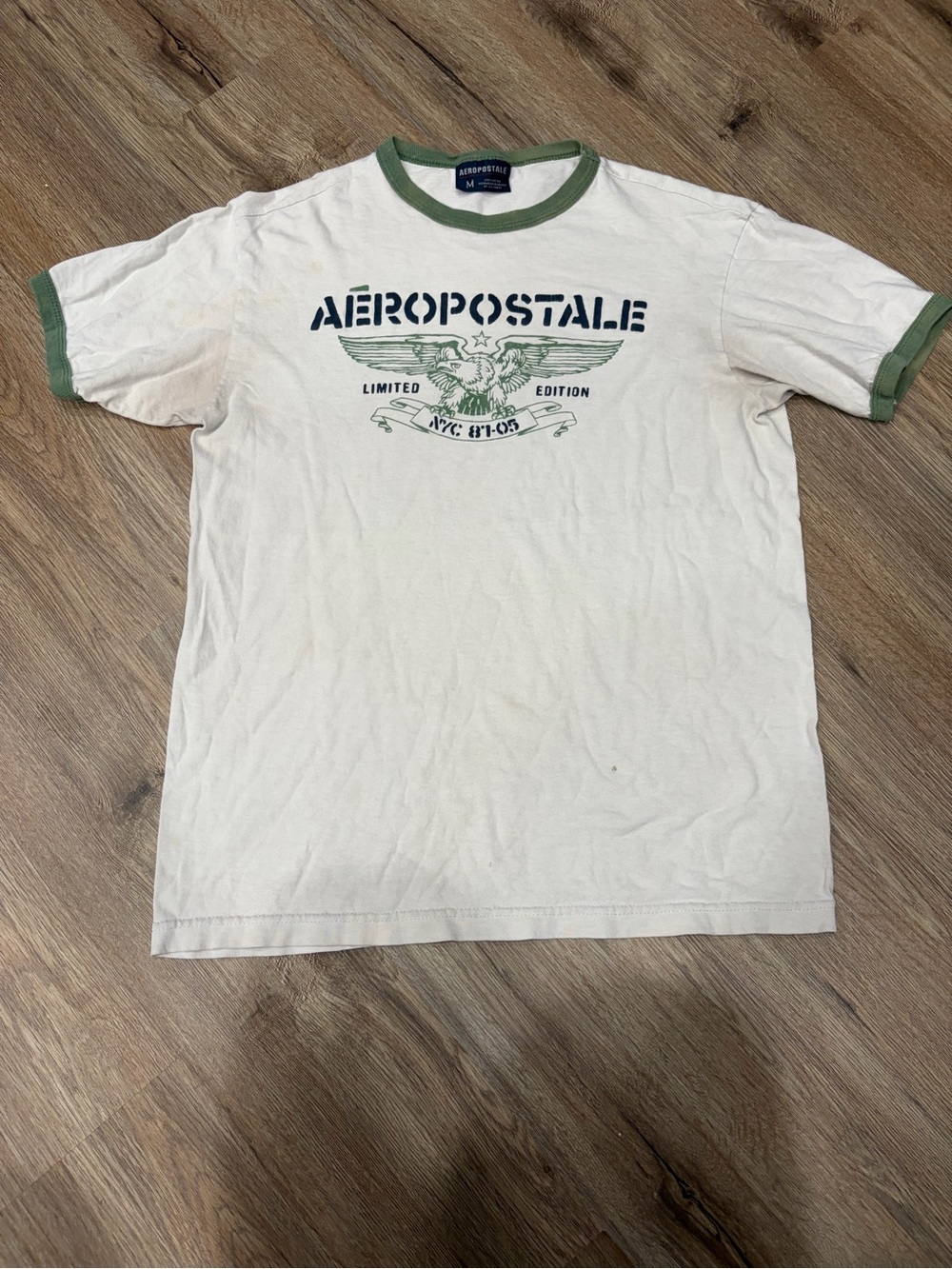 Y2K Aeropostale Cream Ringer Tee with Green Trim and Navy Logo